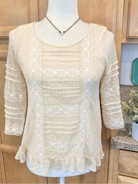 Free People Cream Lace Sheer Peasant Top